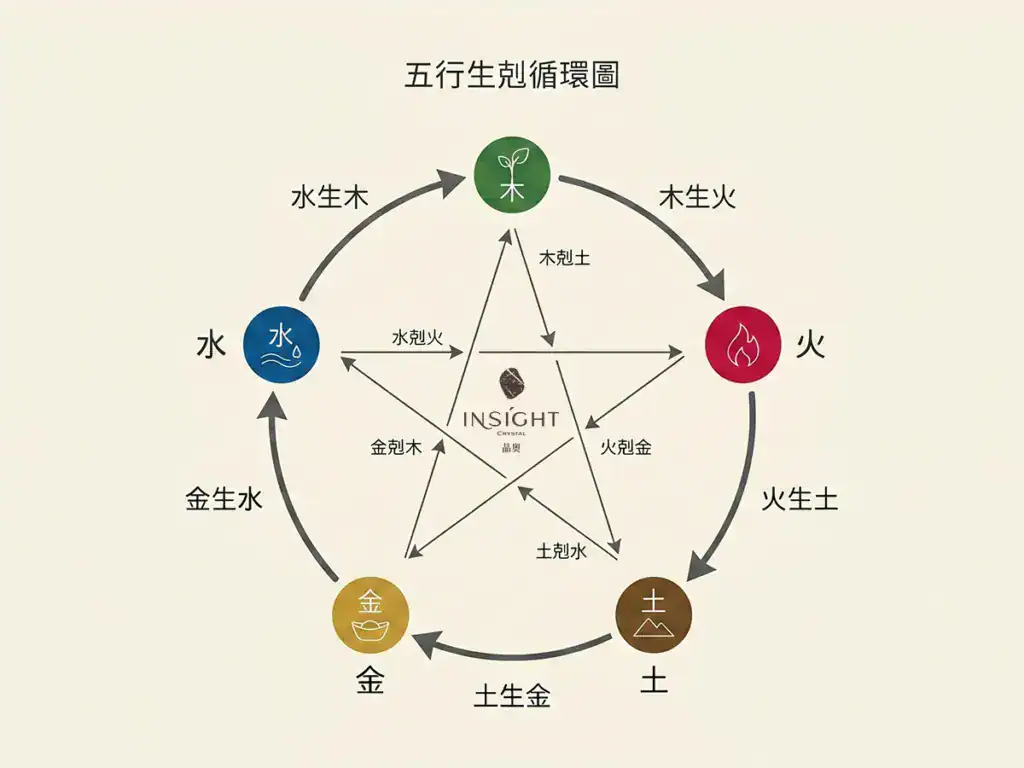 五行相生相剋關係圖,木火土金水循環示意,晶奧水晶計算五行水晶概念解說